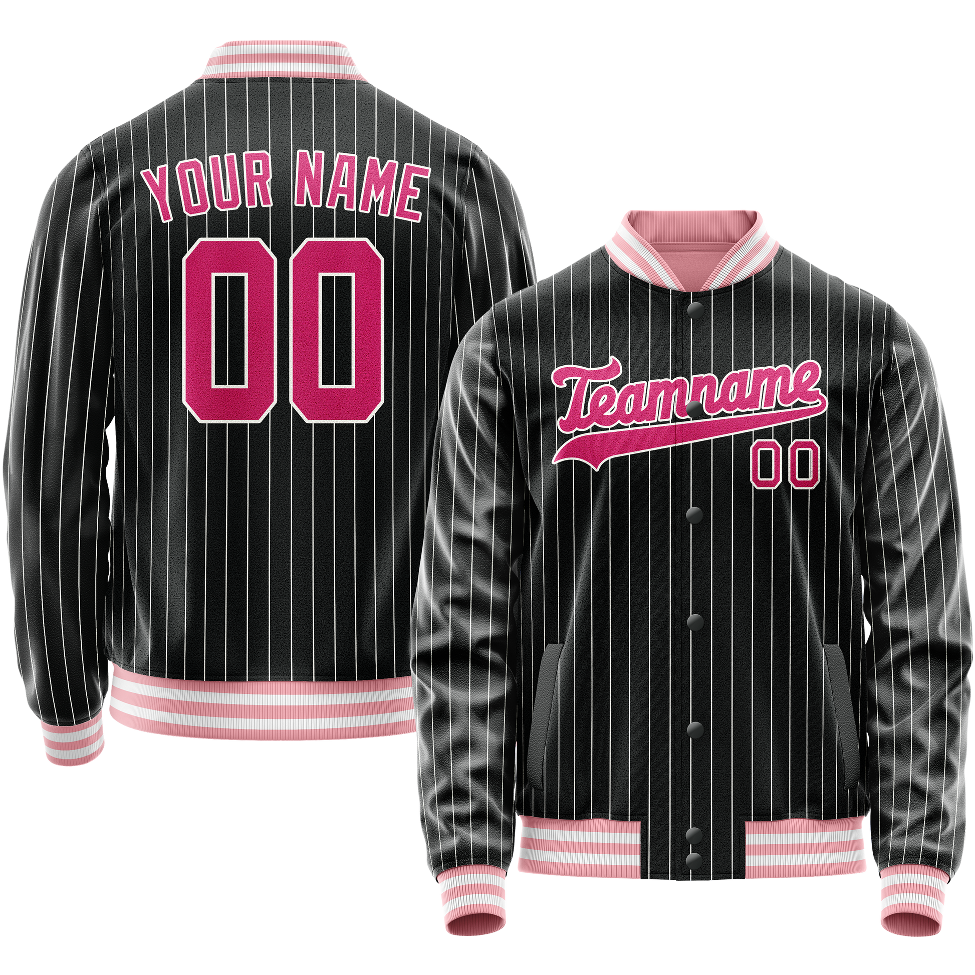 Custom Black Pink Gray Pinstripe Varsity Letterman Jacket JA02240617HF039