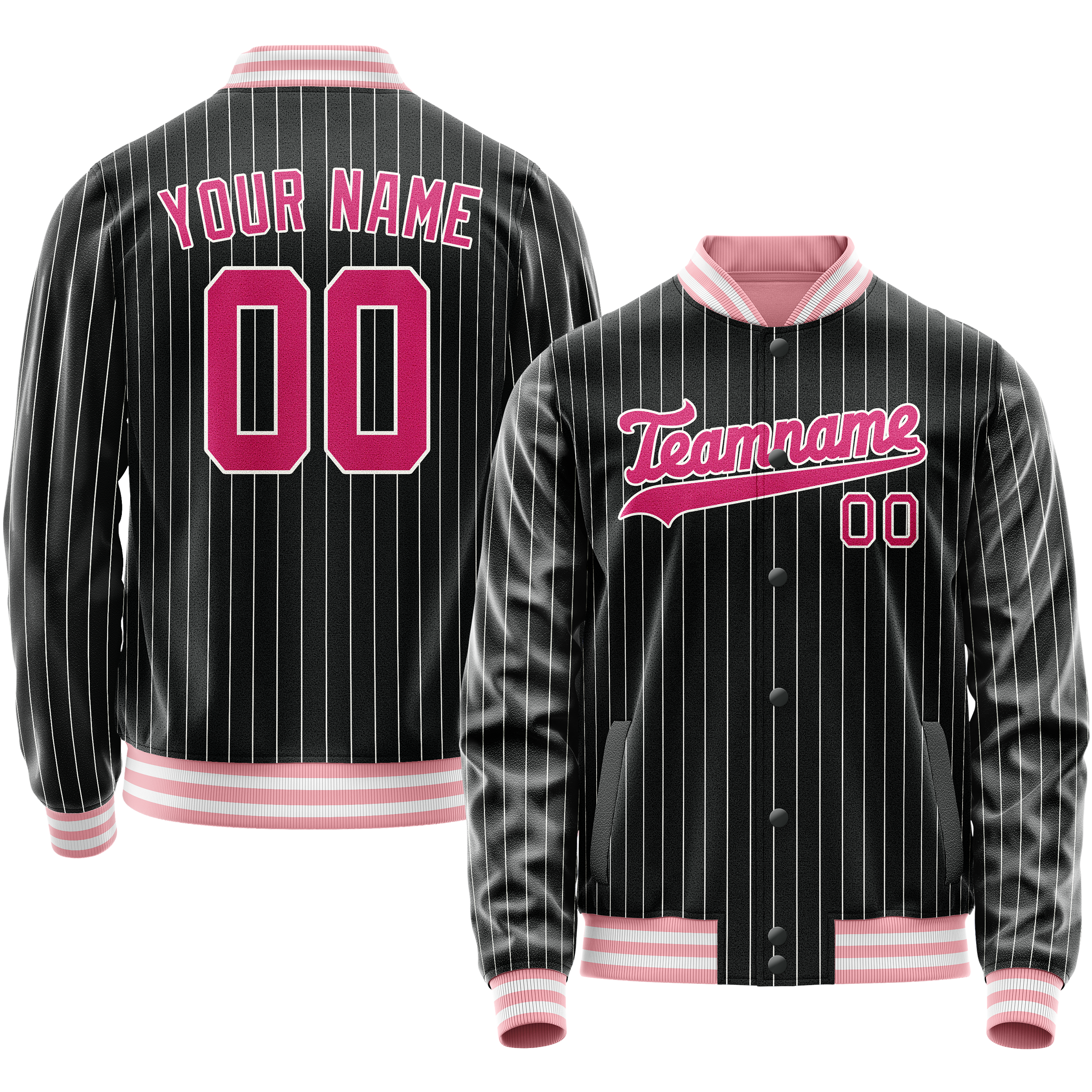 Custom Black Pink Gray Pinstripe Varsity Letterman Jacket JA02240617HF039