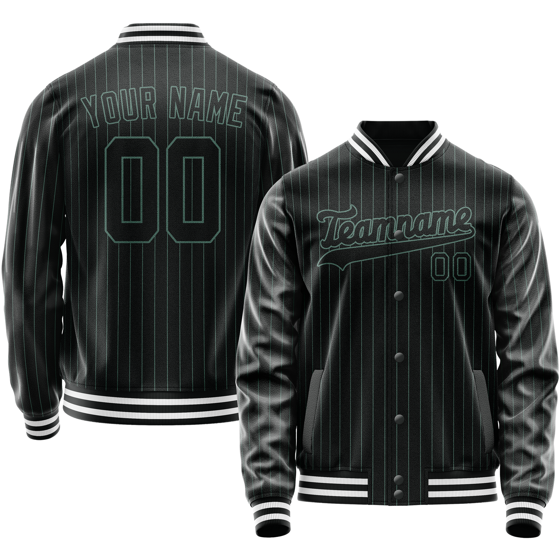 Custom Black Teal Teal Pinstripe Varsity Letterman Jacket JA02240617HF051