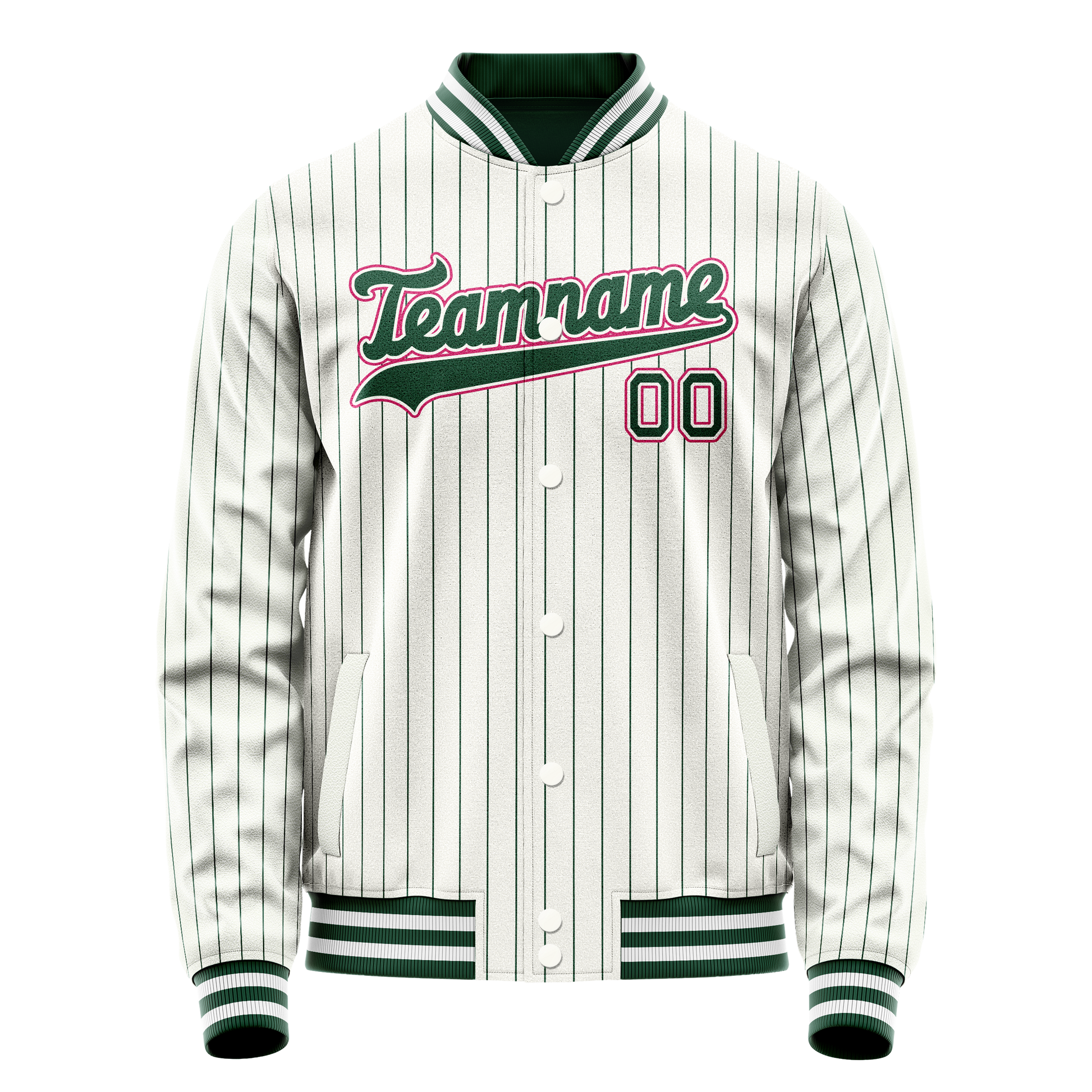 Custom White Pink Kelly Green Pinstripe Varsity Letterman Jacket JA02240617JC503