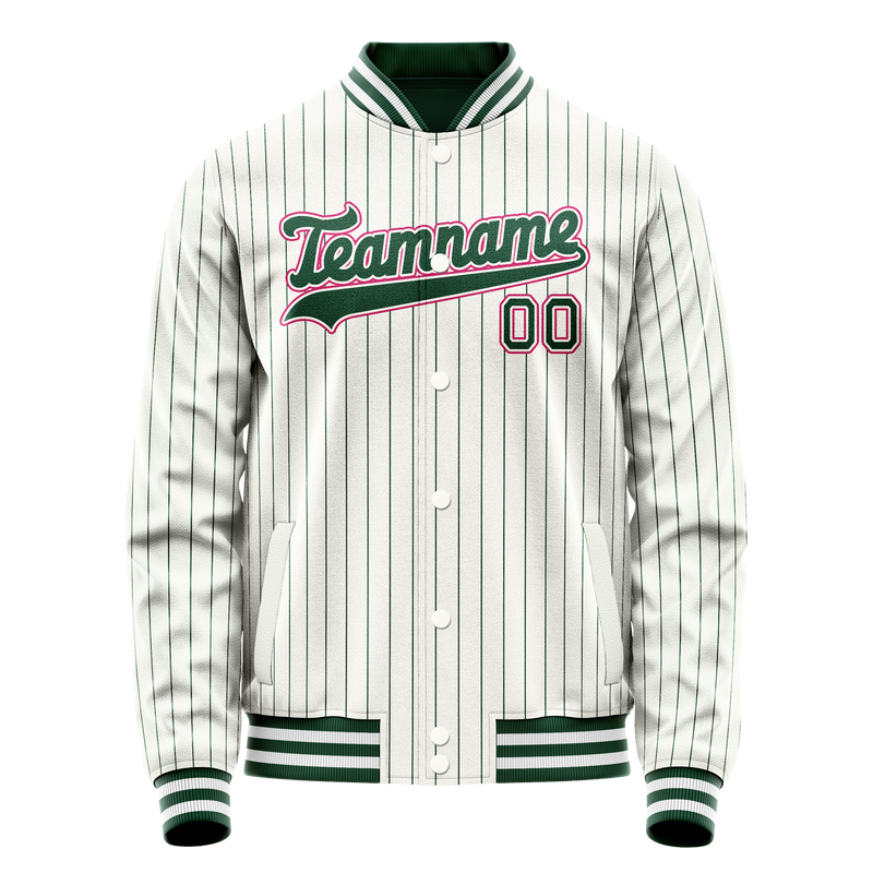 Custom White Pink Kelly Green Pinstripe Varsity Letterman Jacket JA02240617JC503