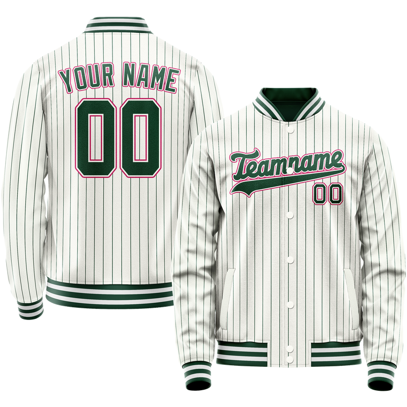 Custom White Pink Kelly Green Pinstripe Varsity Letterman Jacket JA02240617JC503