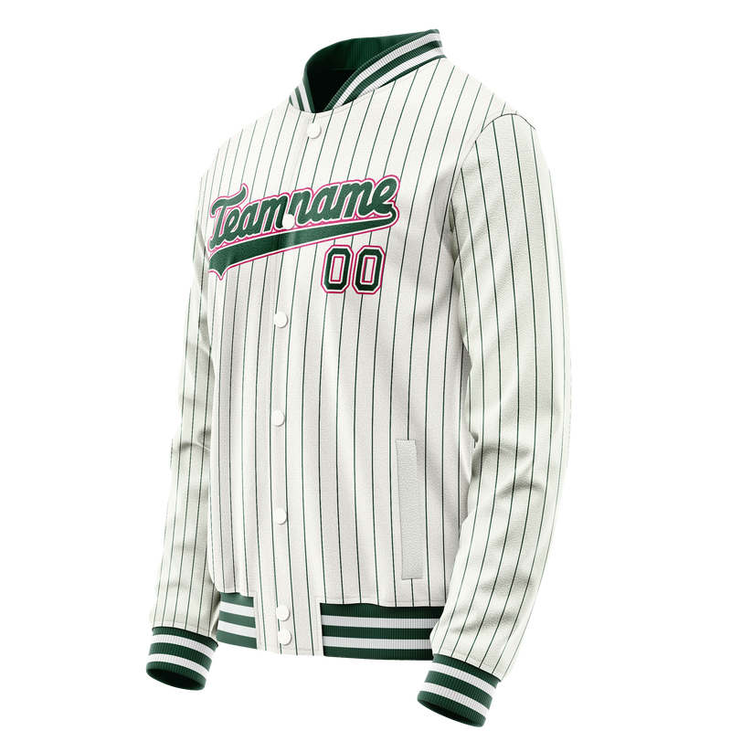 Custom White Pink Kelly Green Pinstripe Varsity Letterman Jacket JA02240617JC503