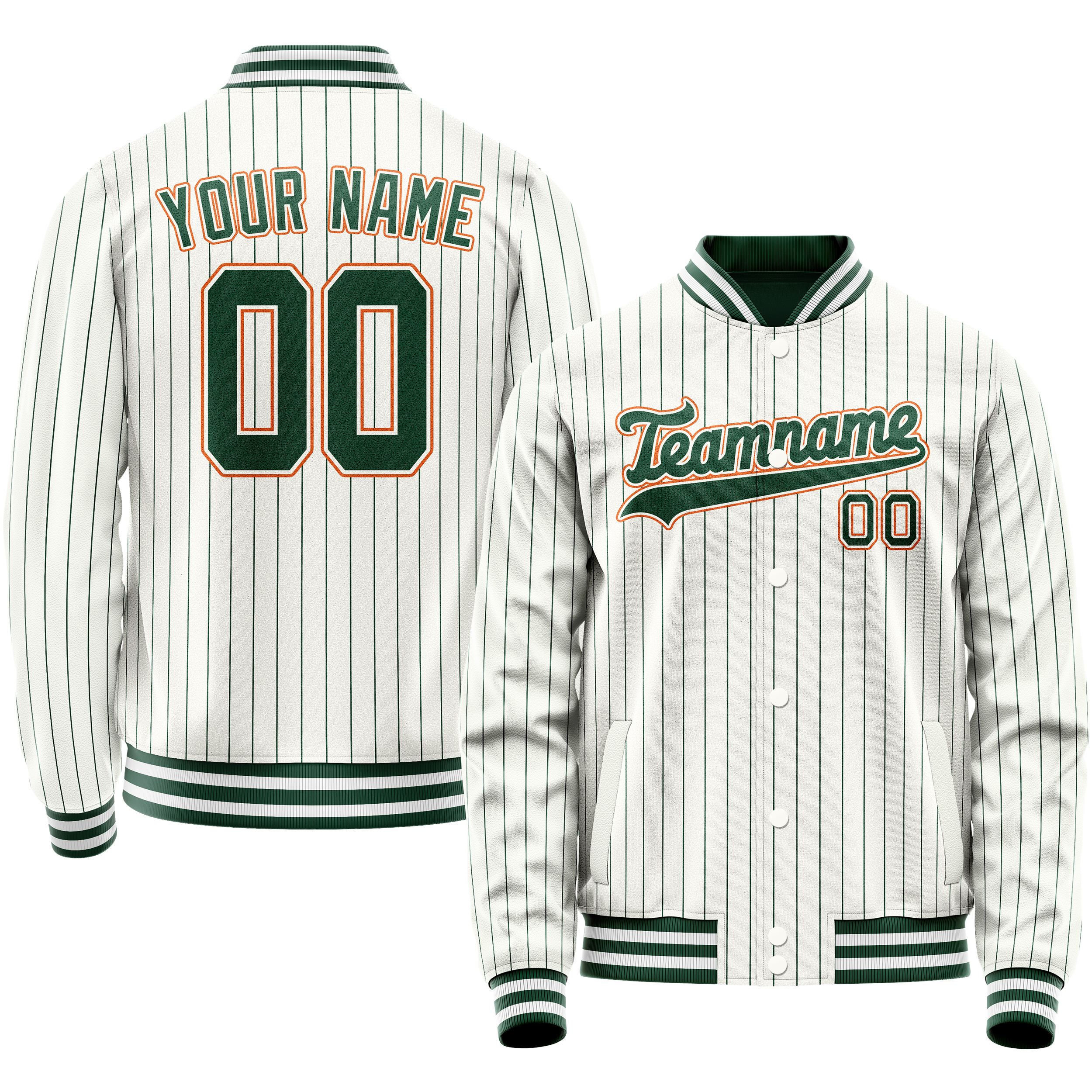 Custom White Orange Kelly Green Pinstripe Varsity Letterman Jacket JA02240617JC494