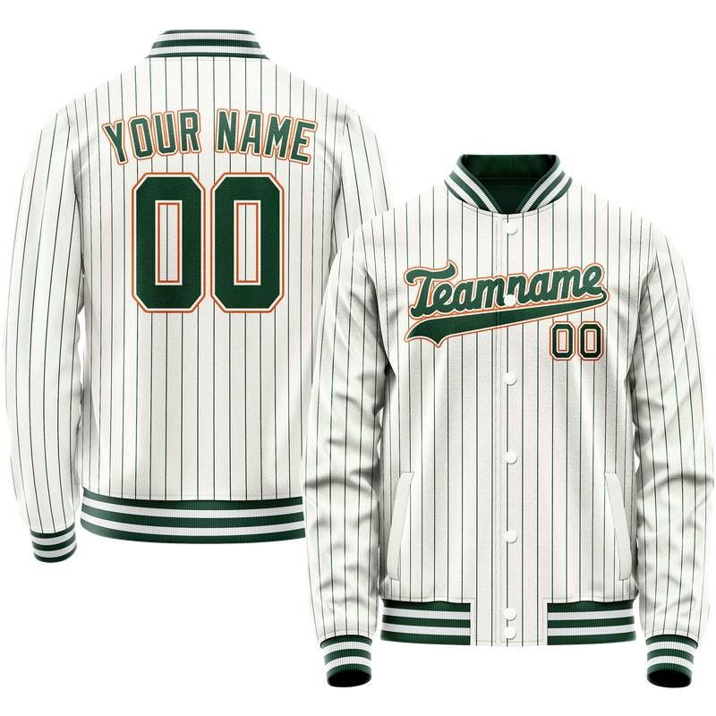 Custom White Orange Kelly Green Pinstripe Varsity Letterman Jacket JA02240617JC494