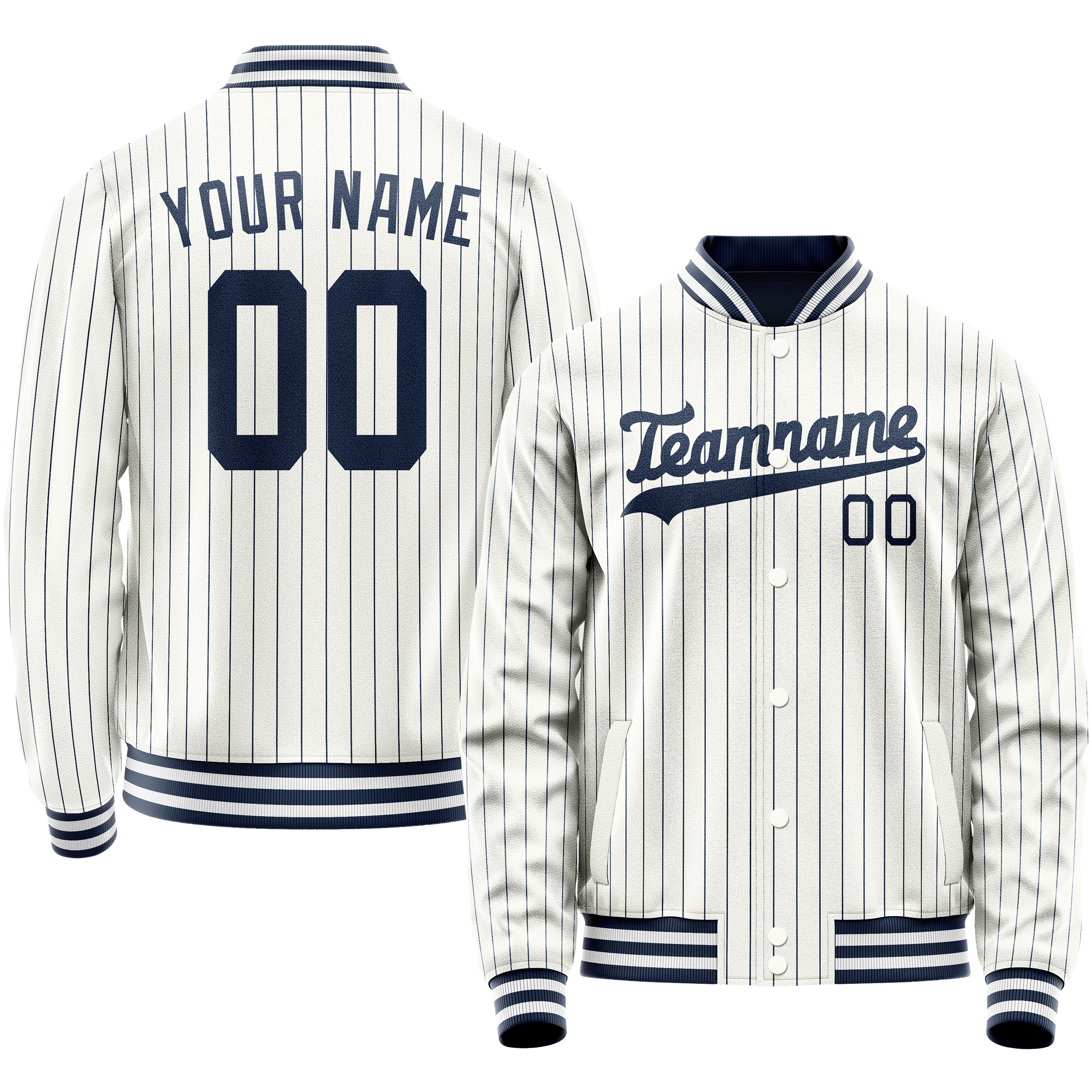Custom White Navy Navy Pinstripe Varsity Letterman Jacket JA02240617JC478