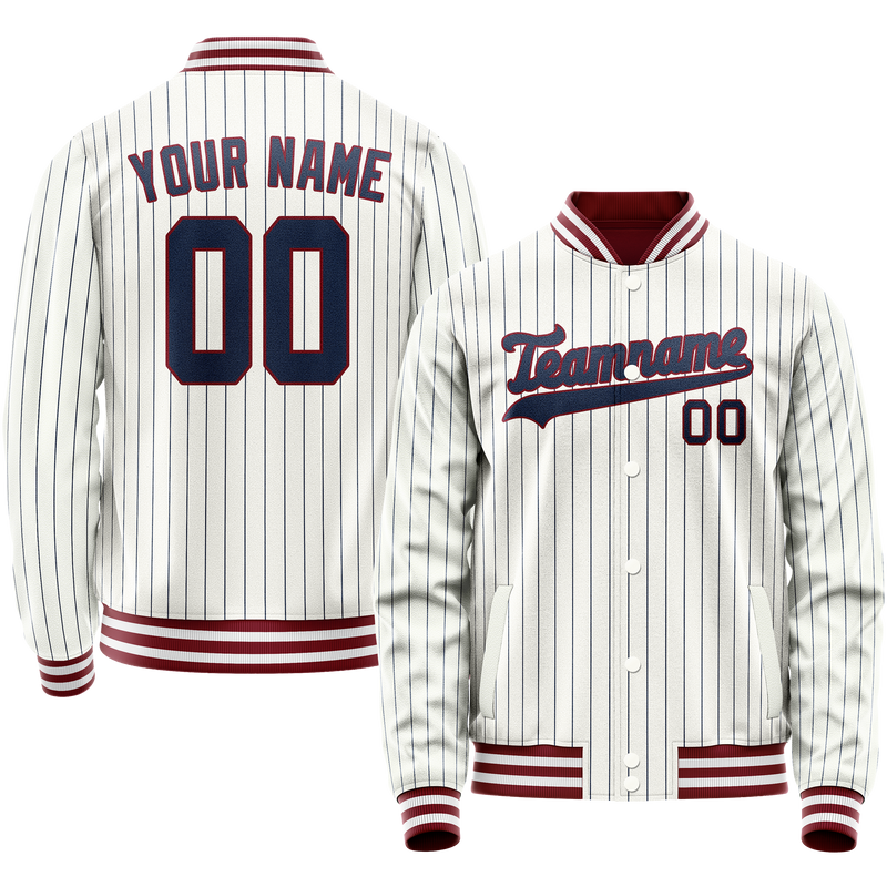 Custom White Royal Royal Pinstripe Varsity Letterman Jacket JA02240617JC479