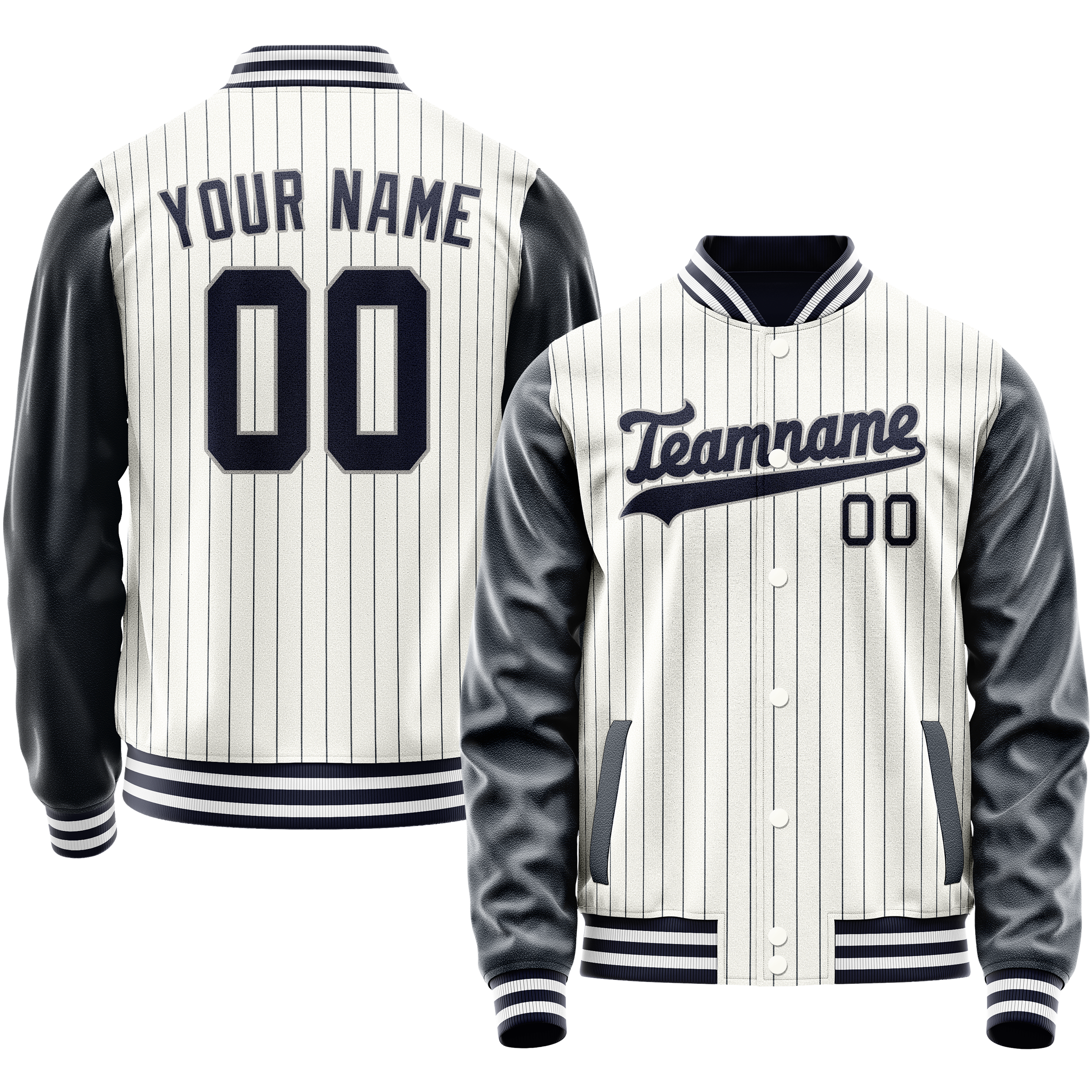 Custom White Navy Navy Pinstripe Varsity Letterman Jacket JA02240617JC499