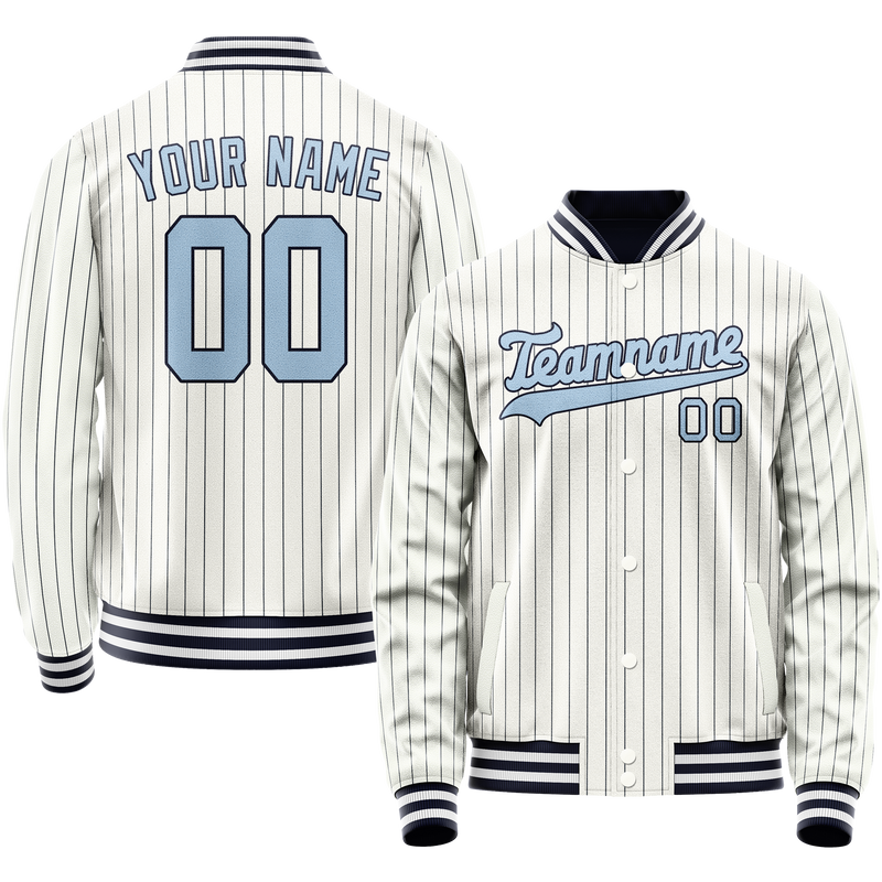 Custom White Light-Blue Navy Pinstripe Varsity Letterman Jacket JA02240617JC496
