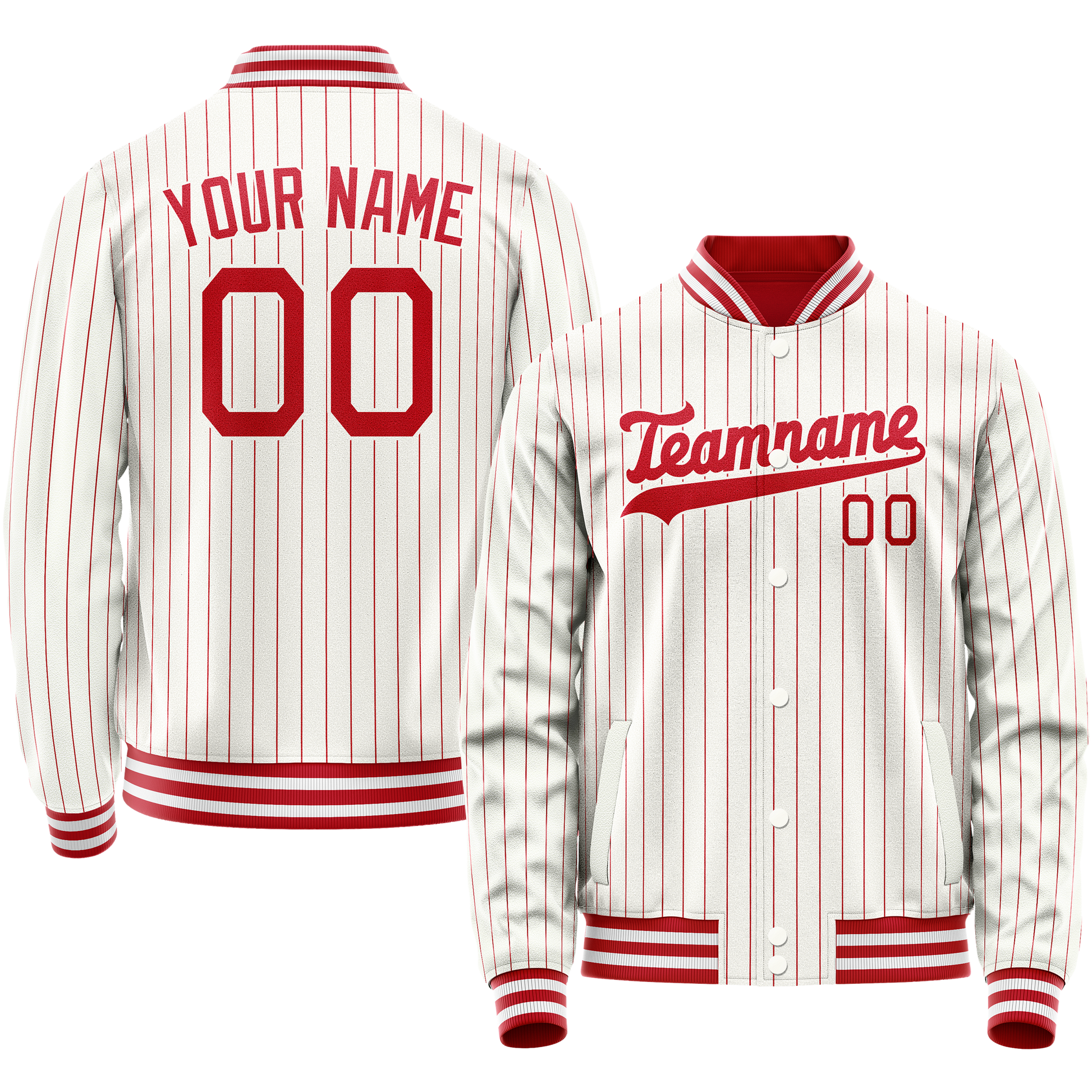 Custom White Red Red Pinstripe Varsity Letterman Jacket JA02240617LH474