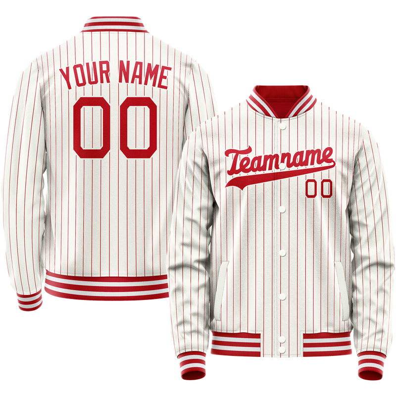 Custom White Red Red Pinstripe Varsity Letterman Jacket JA02240617LH474