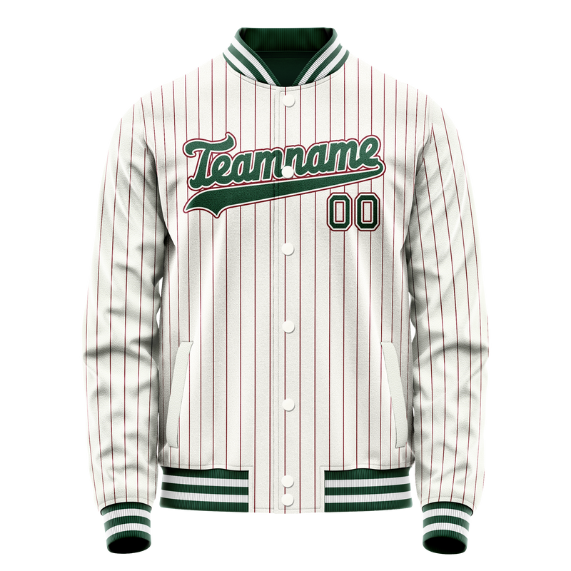 Custom White Kelly-Green Red Pinstripe Varsity Letterman Jacket JA02240617JC491