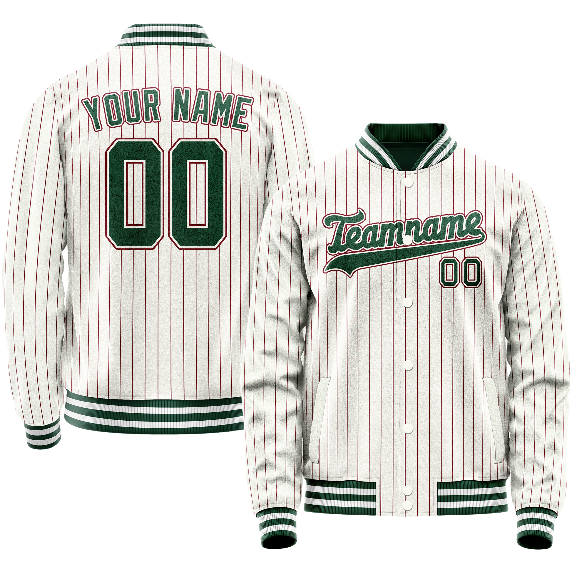Custom White Kelly-Green Red Pinstripe Varsity Letterman Jacket JA02240617JC491