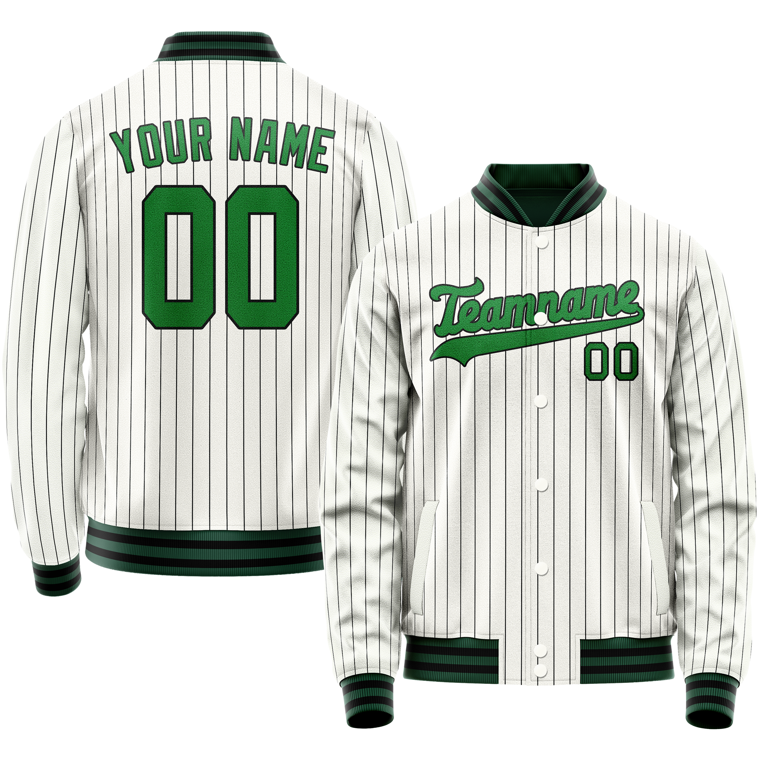 Custom White Neon-Green Black Pinstripe Varsity Letterman Jacket JA02240617JC500