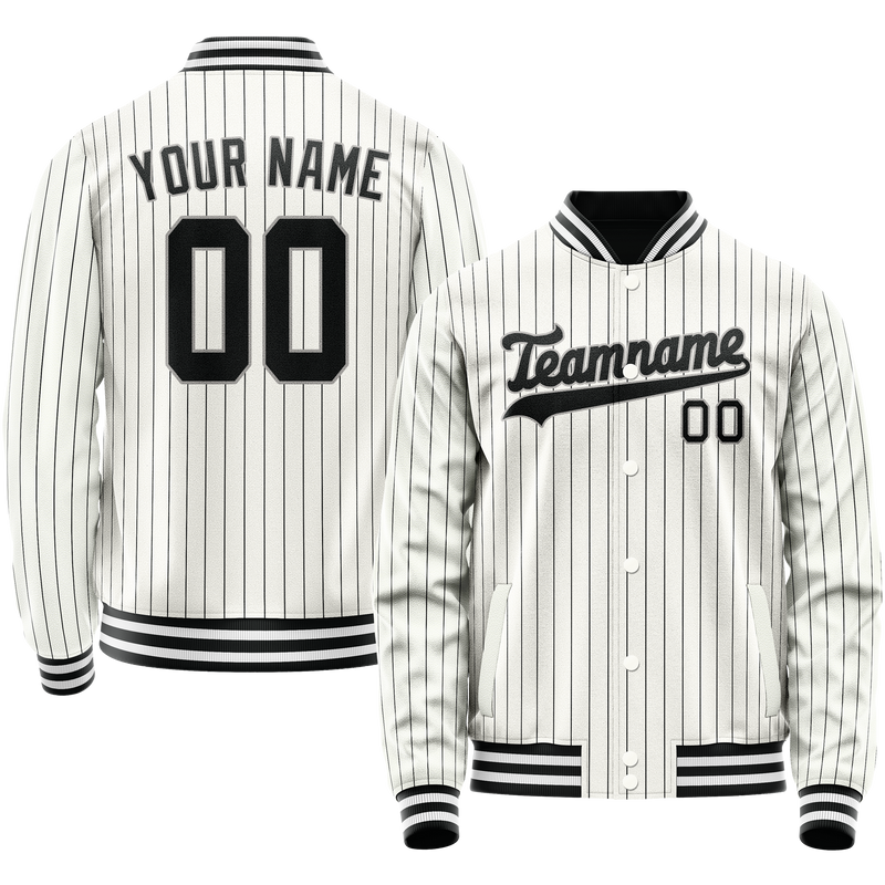 Custom White Black Black Pinstripe Varsity Letterman Jacket JA02240617JC502