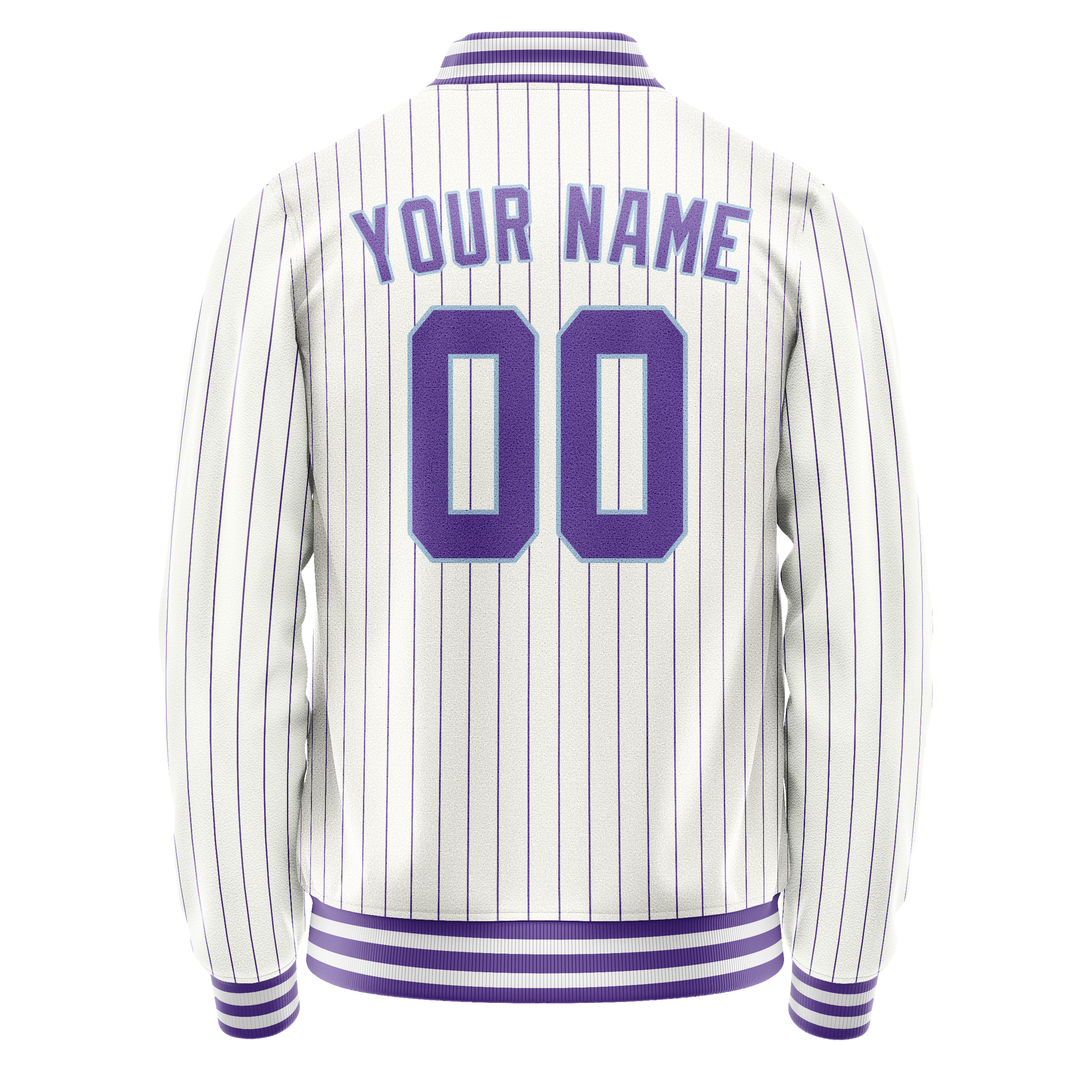 Custom White Purple Purple Pinstripe Varsity Letterman Jacket JA02240617JC493