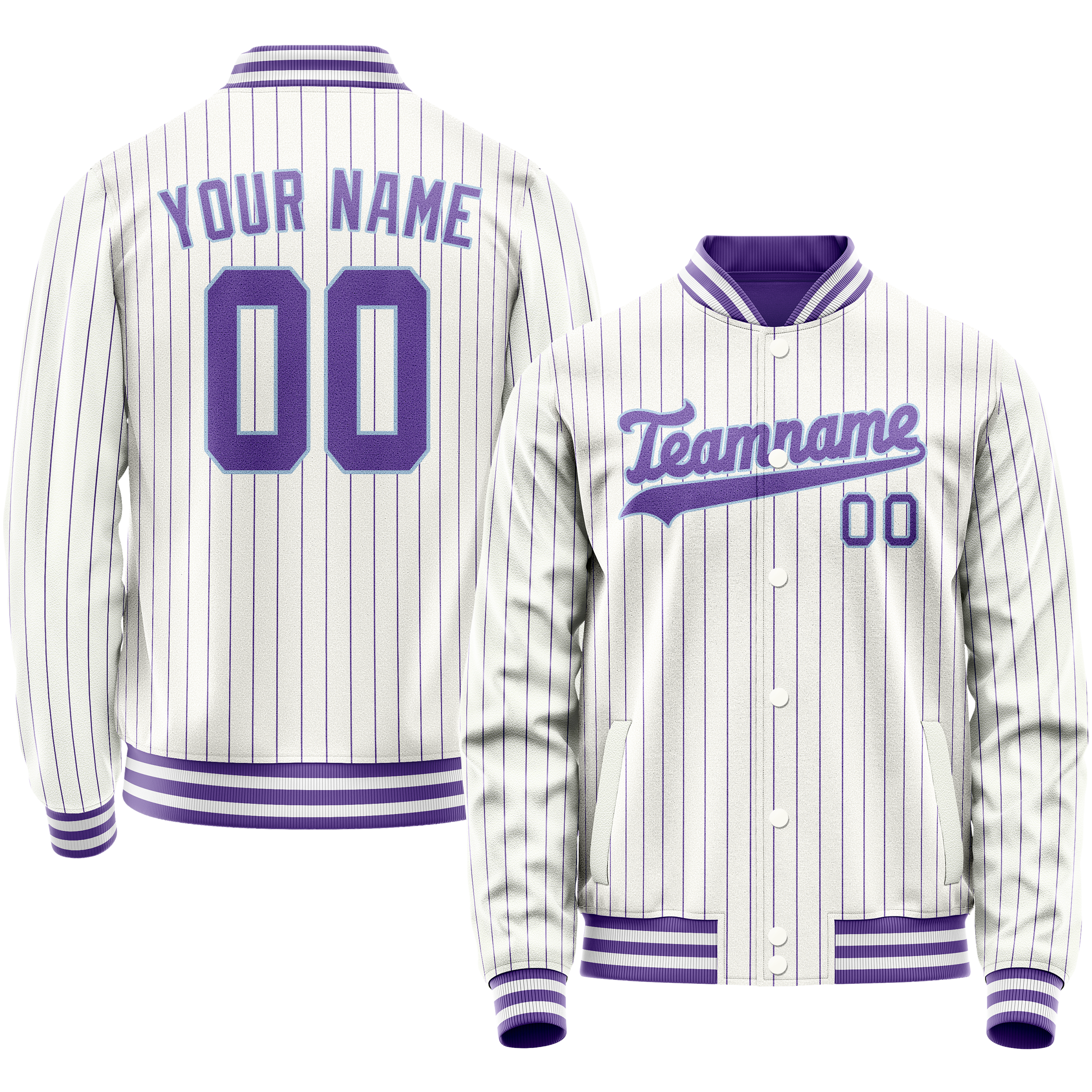 Custom White Purple Purple Pinstripe Varsity Letterman Jacket JA02240617JC493