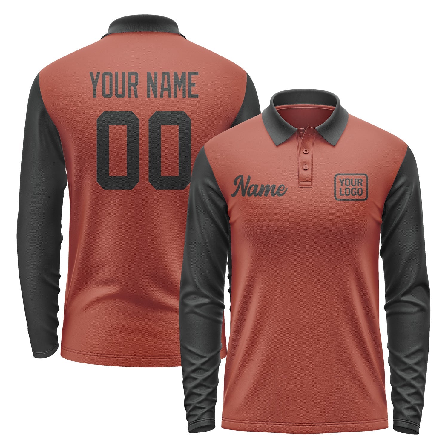 Custom Coral Red Black Long Sleeve Polo Shirt Pl161717B117