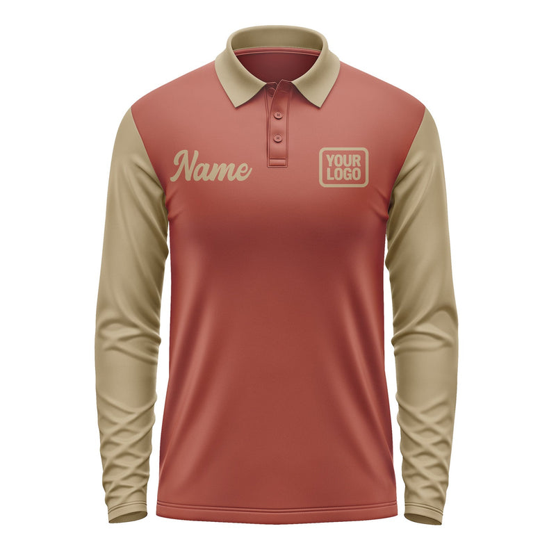 Custom Coral Red Light Khaki Long Sleeve Polo Shirt Pl162525B125