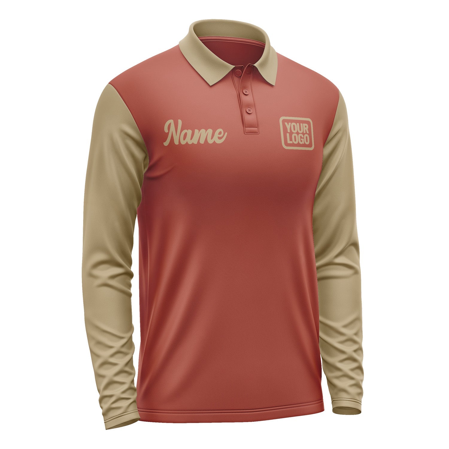 Custom Coral Red Light Khaki Long Sleeve Polo Shirt Pl162525B125