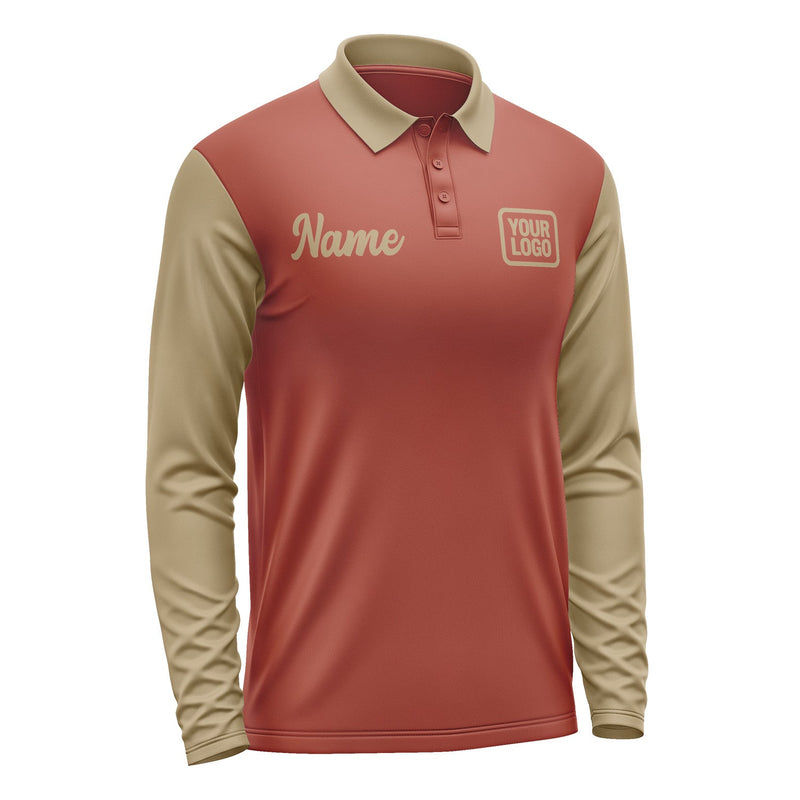 Custom Coral Red Light Khaki Long Sleeve Polo Shirt Pl162525B125