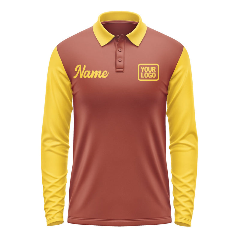 Custom Coral Red Gold Long Sleeve Polo Shirt Pl163030B130