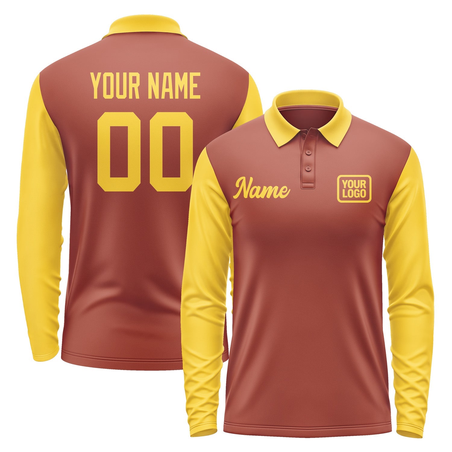 Custom Coral Red Gold Long Sleeve Polo Shirt Pl163030B130