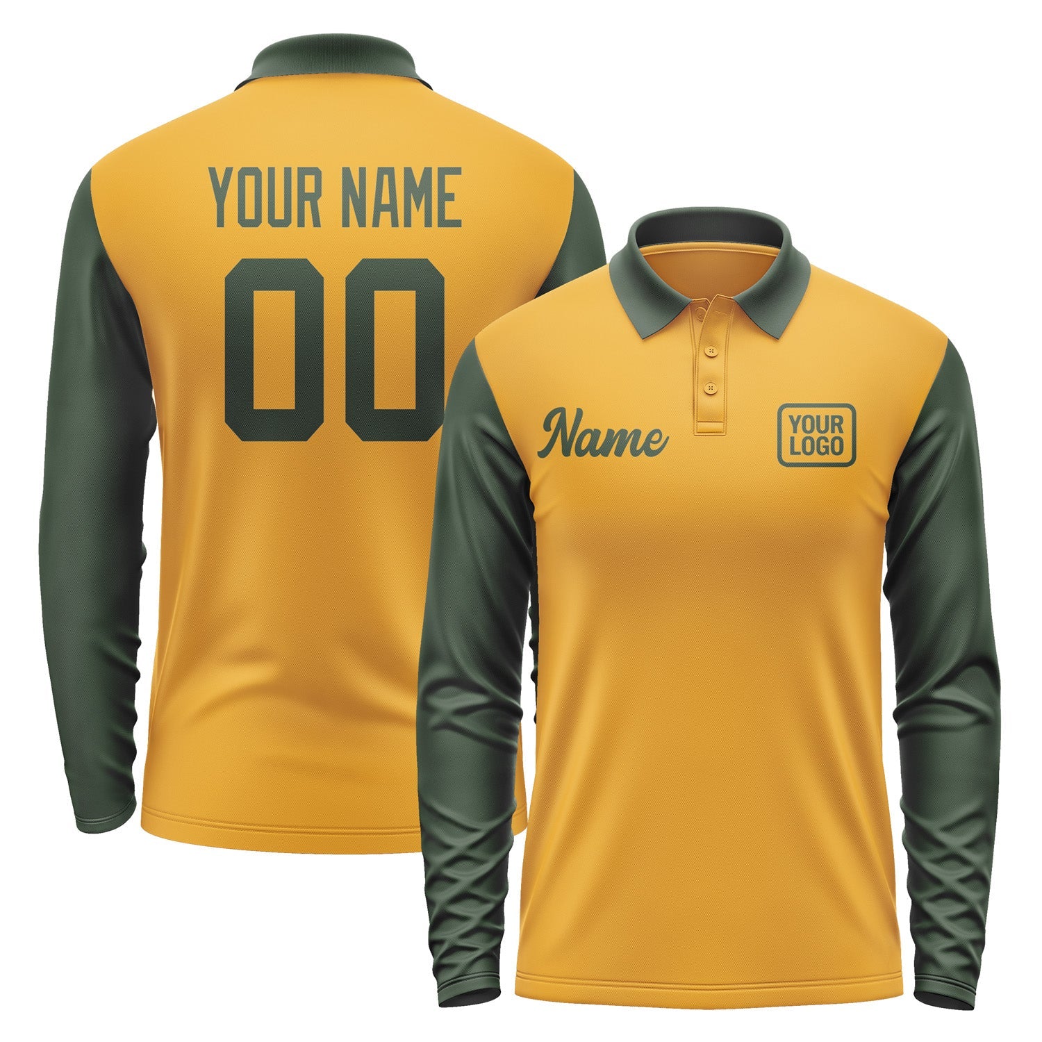 Custom Yellow Dark Green Long Sleeve Polo Shirt Pl190606B106