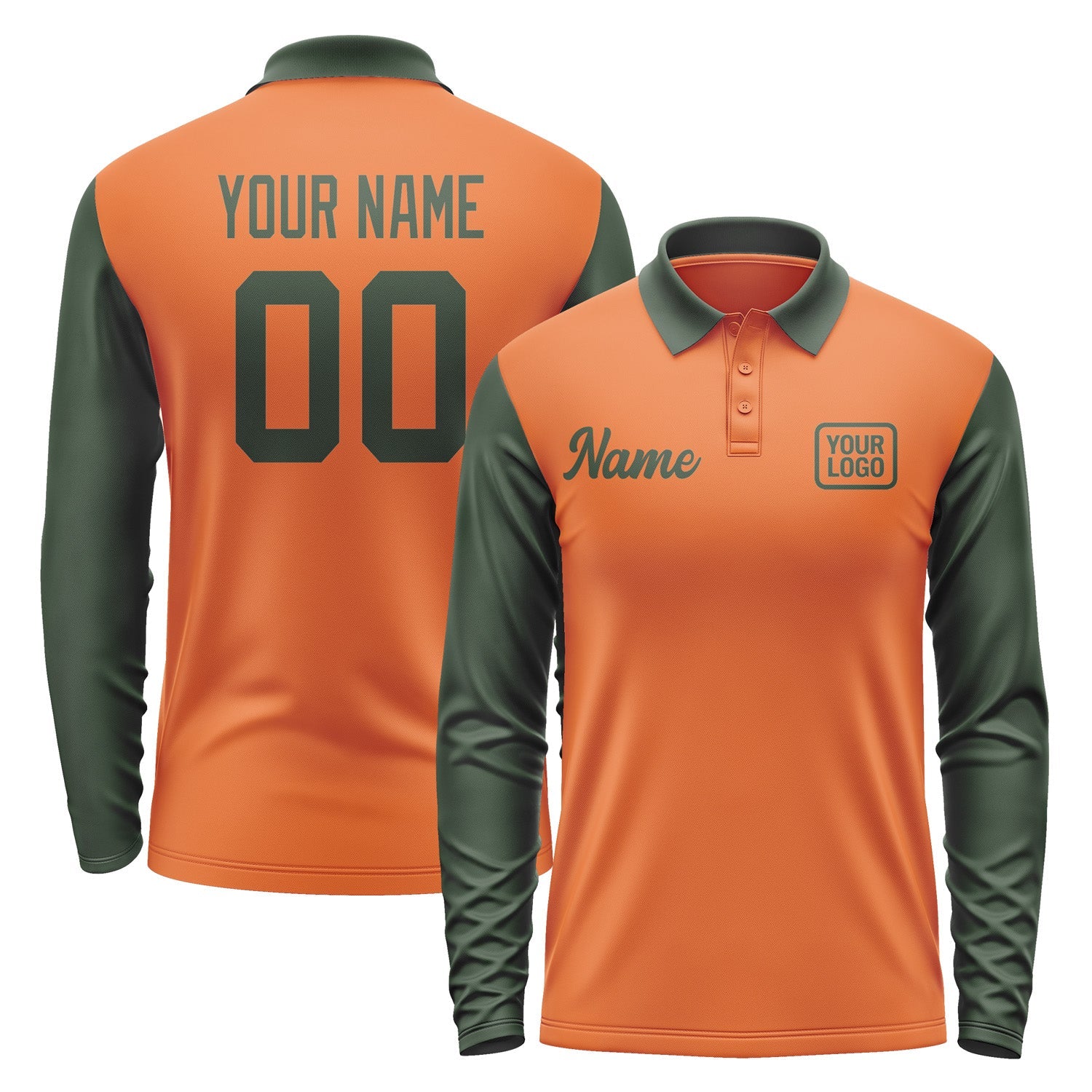 Custom Orange Dark Green Long Sleeve Polo Shirt Pl280606B106