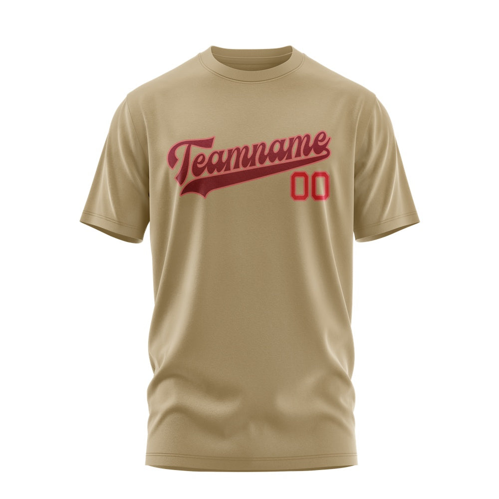 Custom Light Khaki Crimson Red T-Shirt