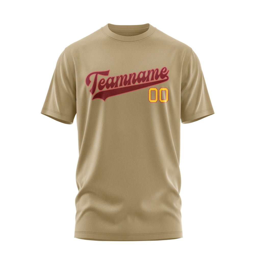 Custom Light Khaki Crimson Red T-Shirt