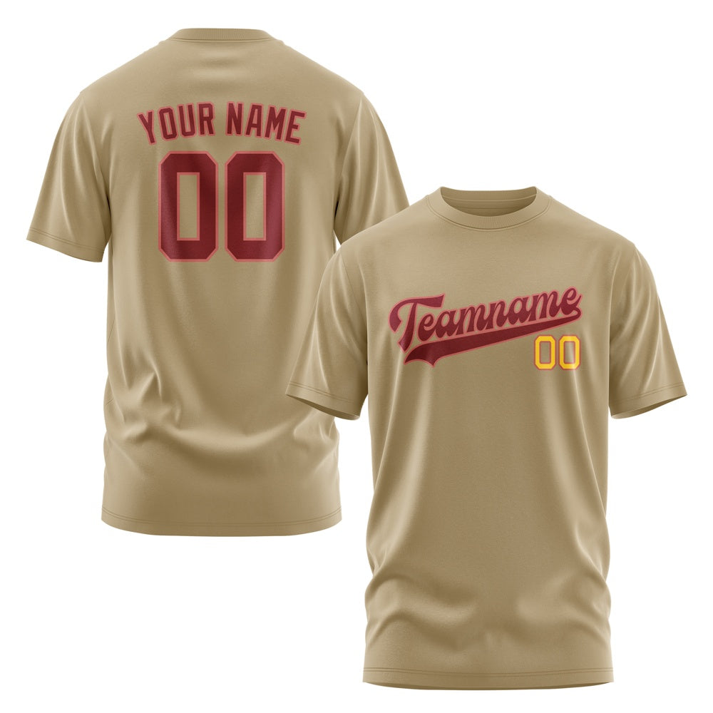 Custom Light Khaki Crimson Red T-Shirt